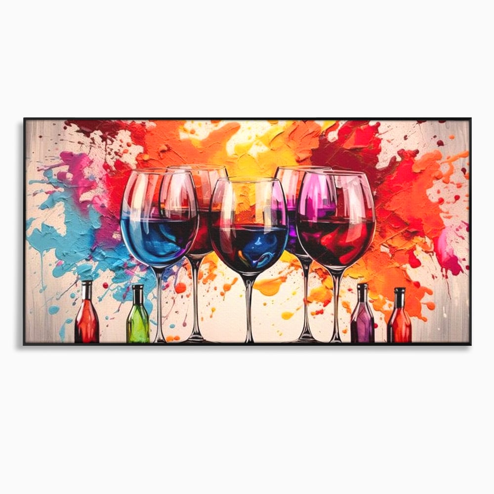 Tablou canvas cu pictura cu pahare de vin si pete, in rama de aluminiu negru